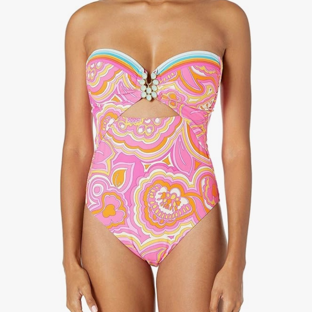 Trina Turk Bandeau Cut Out One Piece Swimsuit Size 10 NWT $162 Pink Hardware